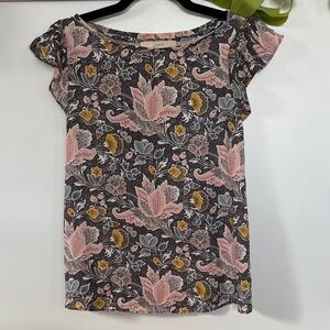 Loft Petite Pink and Yellow Floral Short Sleeve Top